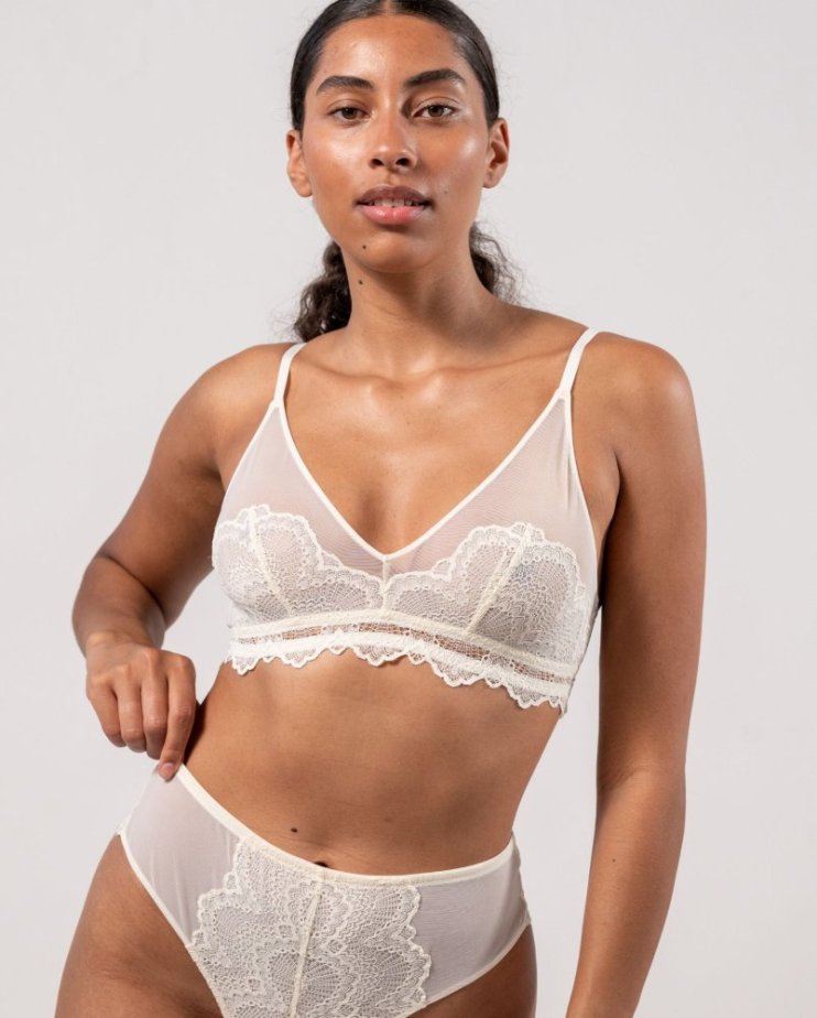 Lace Mesh Triangle Bralette Cream - Velikost: M