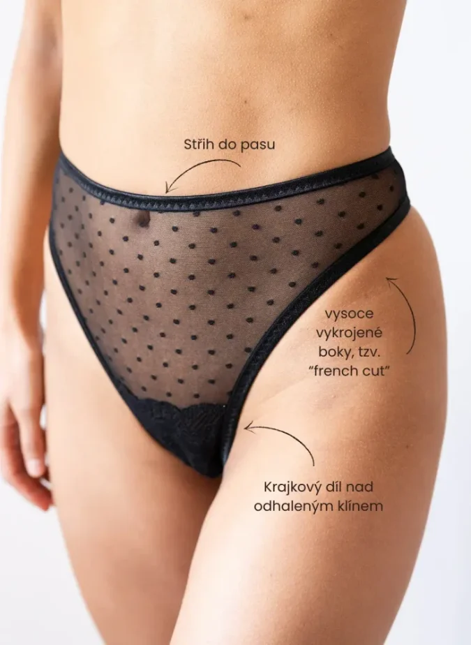 Erotické kalhotky “Crotchlessky” Veneris puntíkatý tyl černý