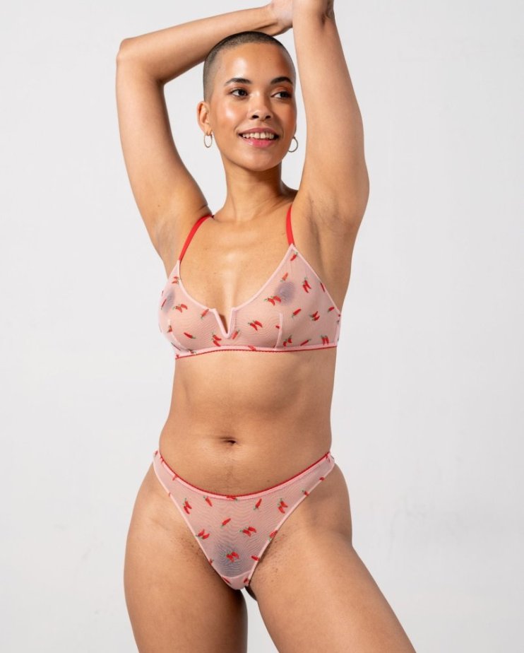 Mesh V-Balconette Powder Pink/Fiery Red - Velikost: M