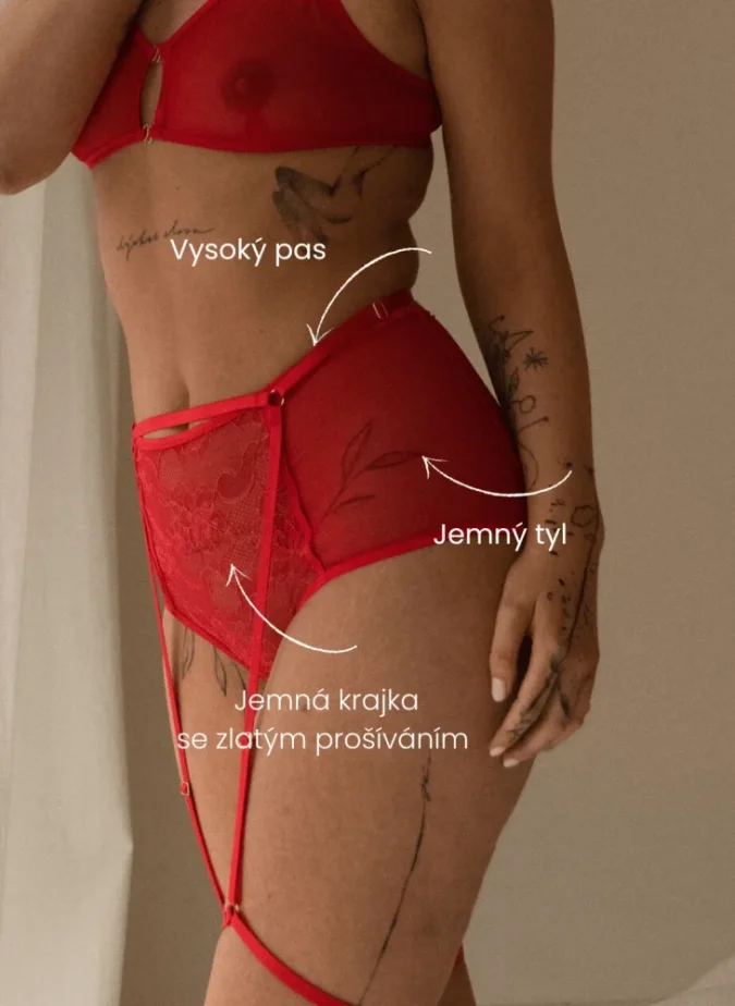 Erotické kalhotky “Crotchlessky” Tichée krajka/tyl červená - Velikost: S