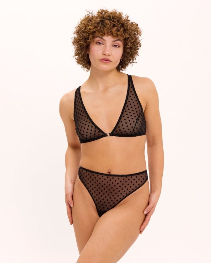 Mesh Plunge Bralette Black Dots