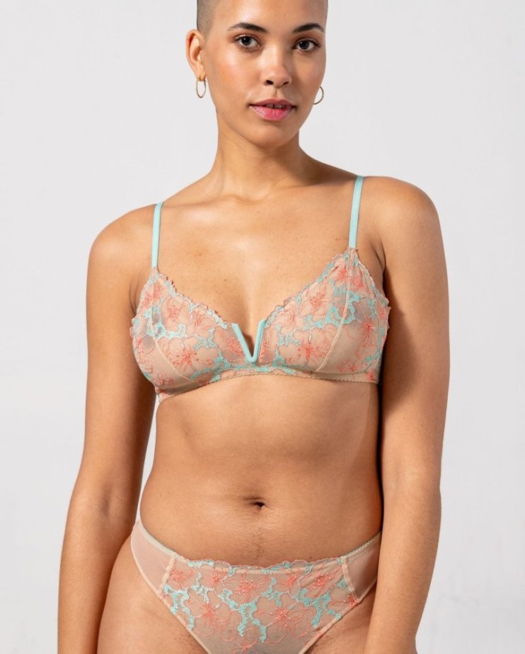 Mesh V-Balconette Sand/Coral/Turquoise - Velikost: L