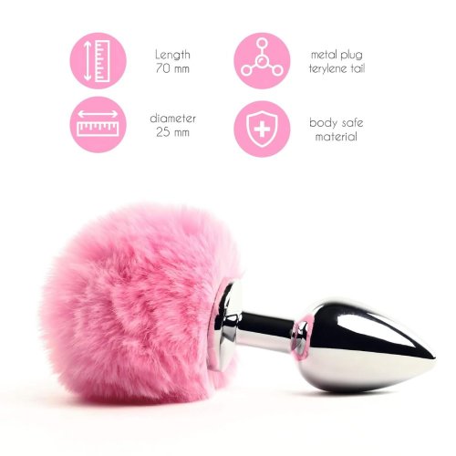 FEELZTOYS BUNNY TAILS – Kovový anální kolík s králičím ocáskem (stříbrno-růžový)