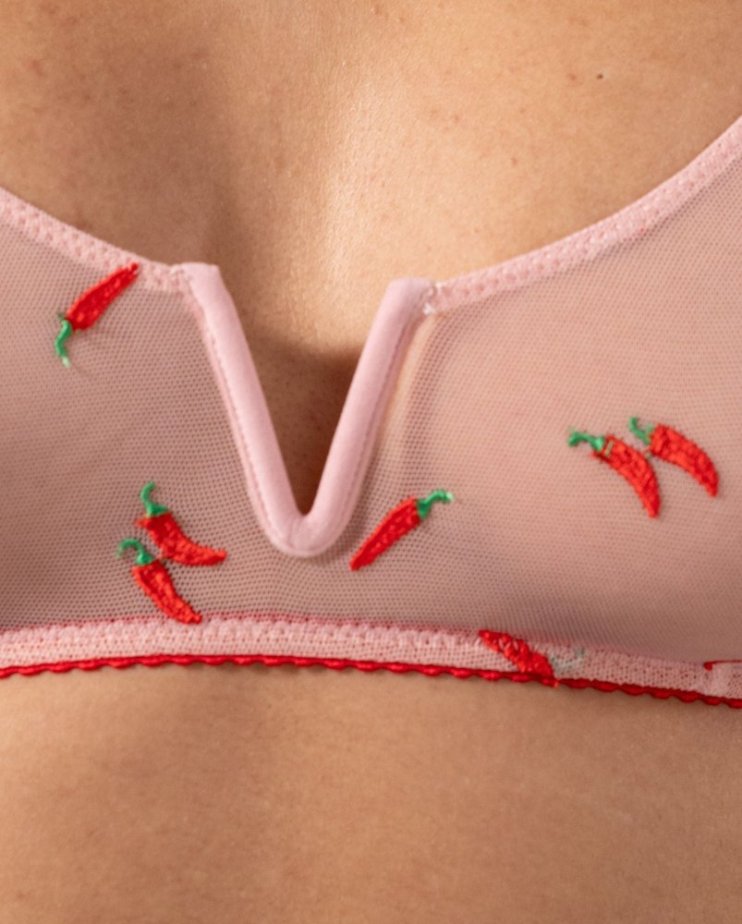 Mesh V-Balconette Powder Pink/Fiery Red - Velikost: M