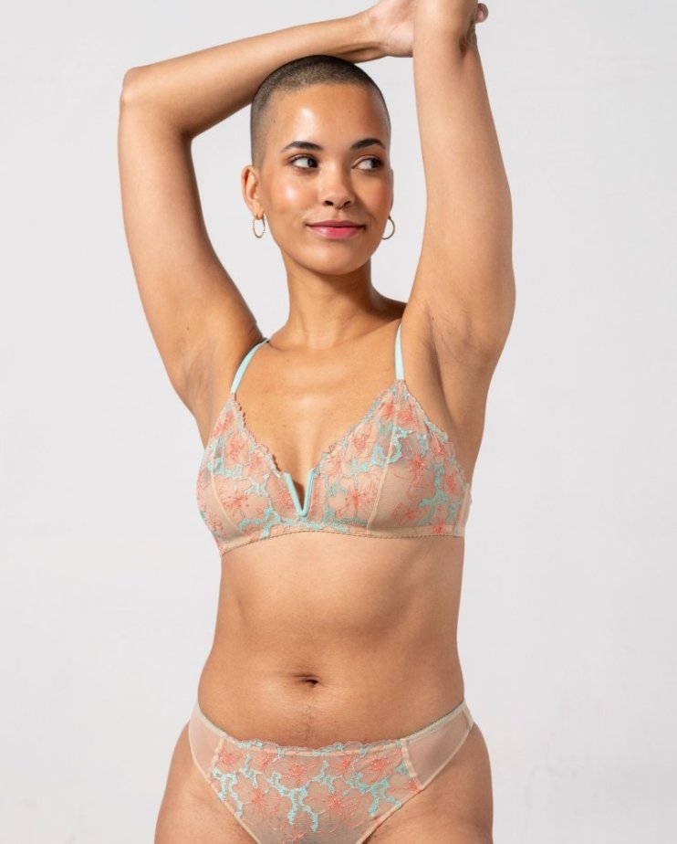 Mesh V-Balconette Sand/Coral/Turquoise - Velikost: L