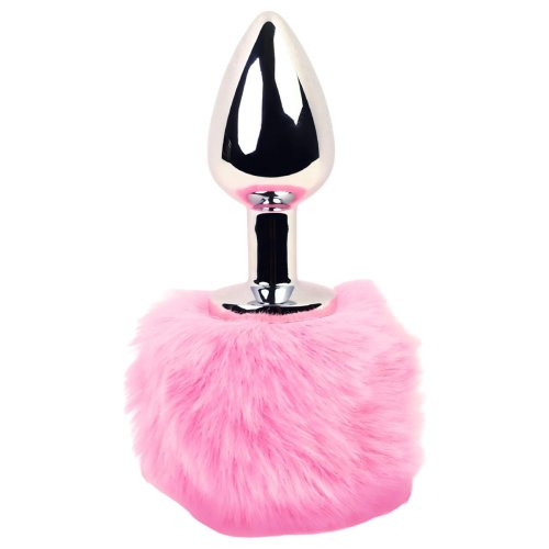 FEELZTOYS BUNNY TAILS – Kovový anální kolík s králičím ocáskem (stříbrno-růžový)
