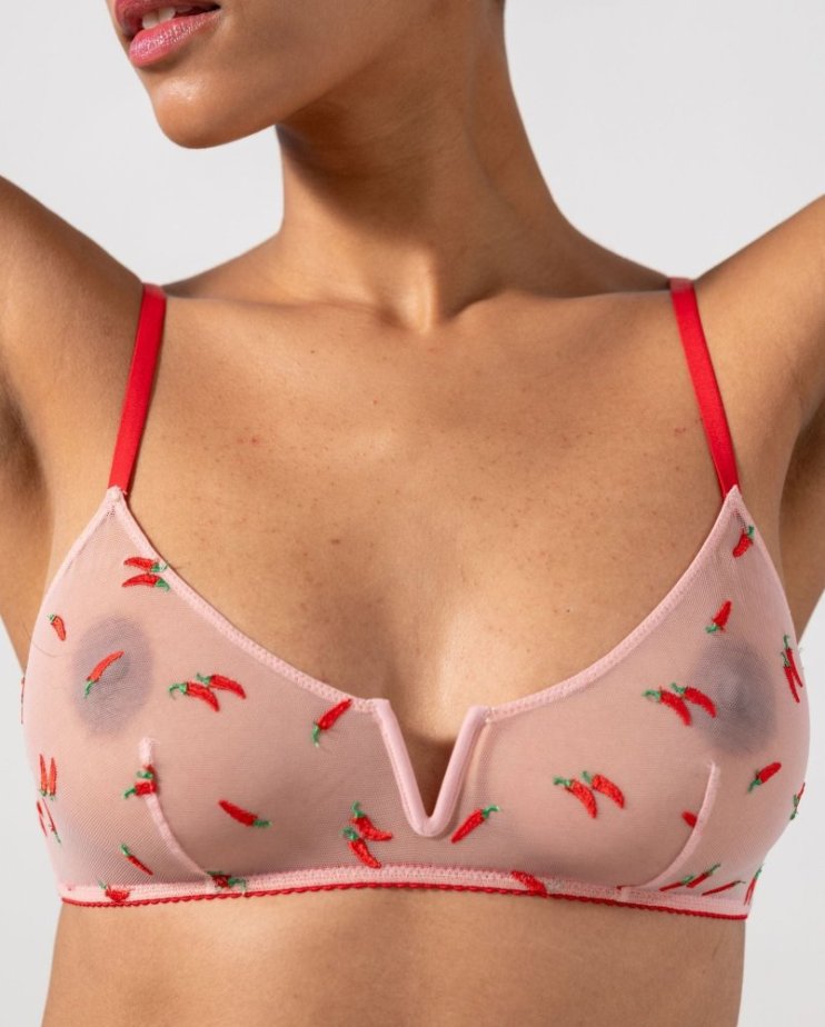 Mesh V-Balconette Powder Pink/Fiery Red - Velikost: M