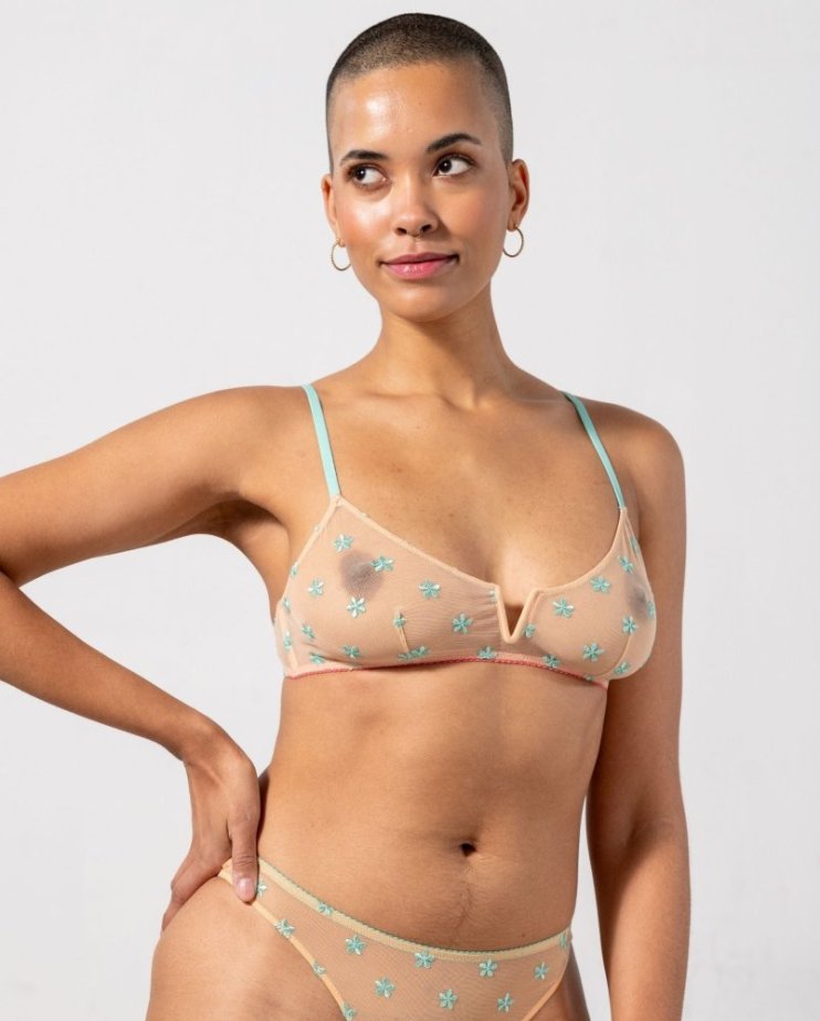 Mesh V-Balconette Peach/Turquoise