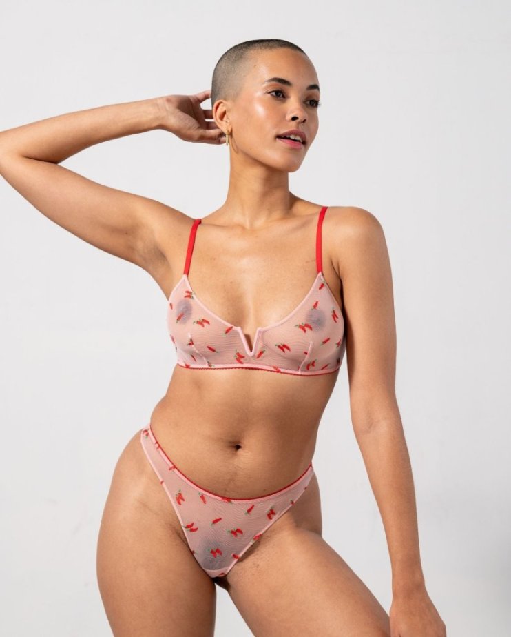 Mesh V-Balconette Powder Pink/Fiery Red - Velikost: M