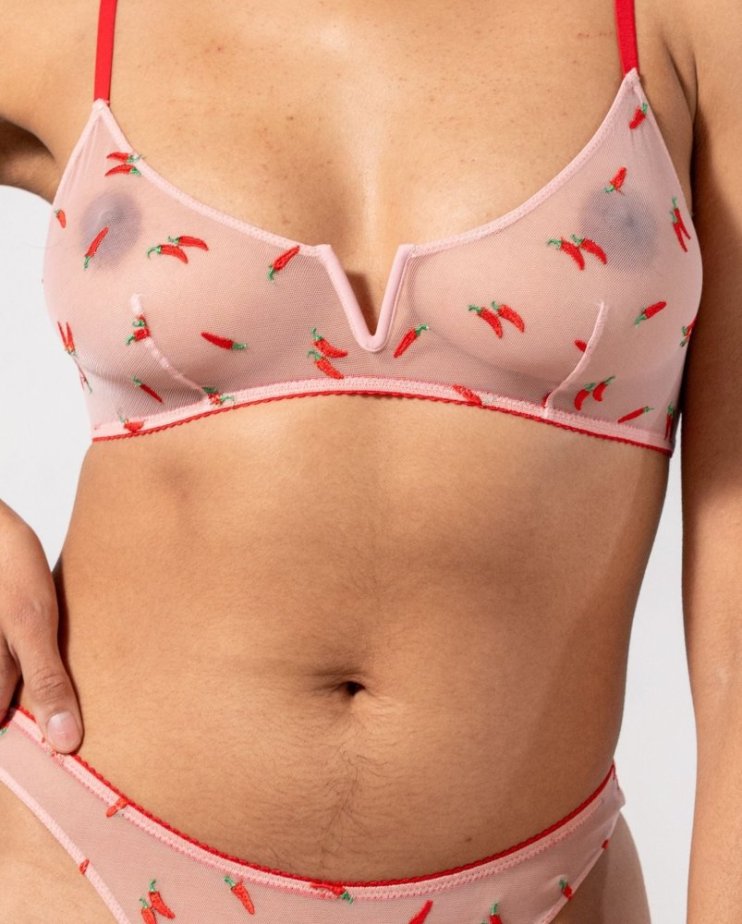 Mesh V-Balconette Powder Pink/Fiery Red - Velikost: M