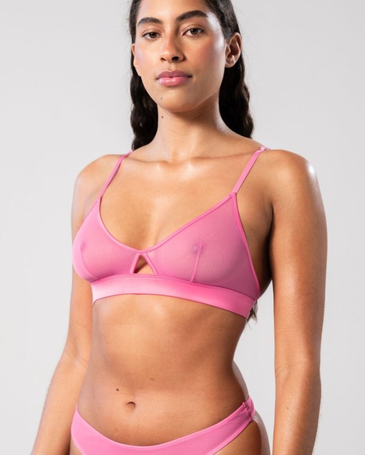 Mesh Cut-Out Triangle Bralette Candy Pink - Velikost: L